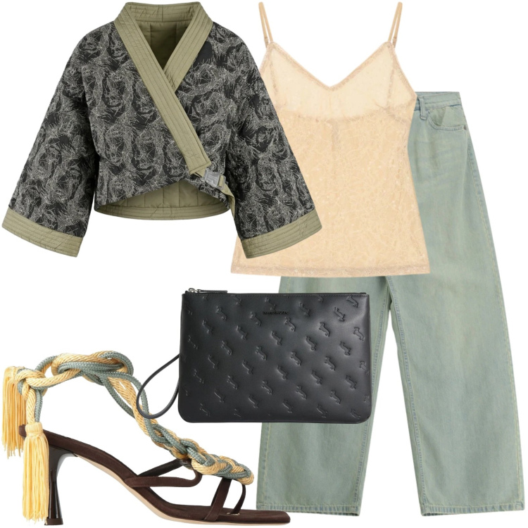 Outfit donna - Sandali con treccia colorata. Stile Glamour per Serata fuori. Abbinamento con ciabatte, top, jeans, anelli, kimono.