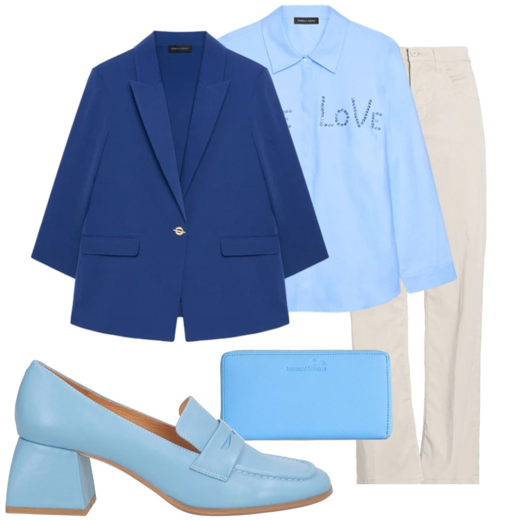 Outfit donna - Mocassini azzurro cielo. Stile Casual chic per Ufficio. Abbinamento con mocassini, pantaloni, camicie, blazer, portafogli.