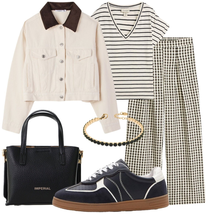 Outfit donna - Pantalone a quadretti. Stile Casual chic per Tutti i giorni. Abbinamento con maglieria, sneakers, pantaloni, borse a tracolla, braccialetti, cappotti.