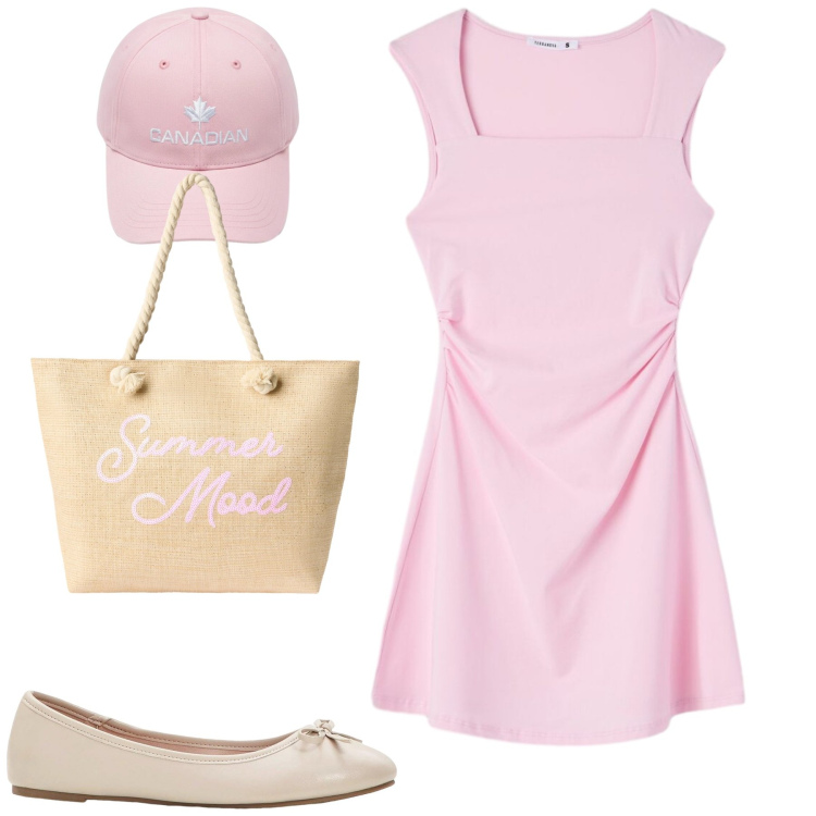 Outfit donna - Abito skater. Stile Trendy per Tutti i giorni. Abbinamento con ballerine, vestiti corti, borse tote, berretti.