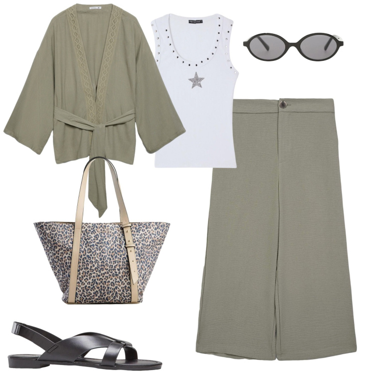 Outfit donna - Pantaloni cropped kaki. Stile Casual chic per Tutti i giorni. Abbinamento con sandali, shopping bag, pantaloni a palazzo, top, kimono, occhiali da sole.