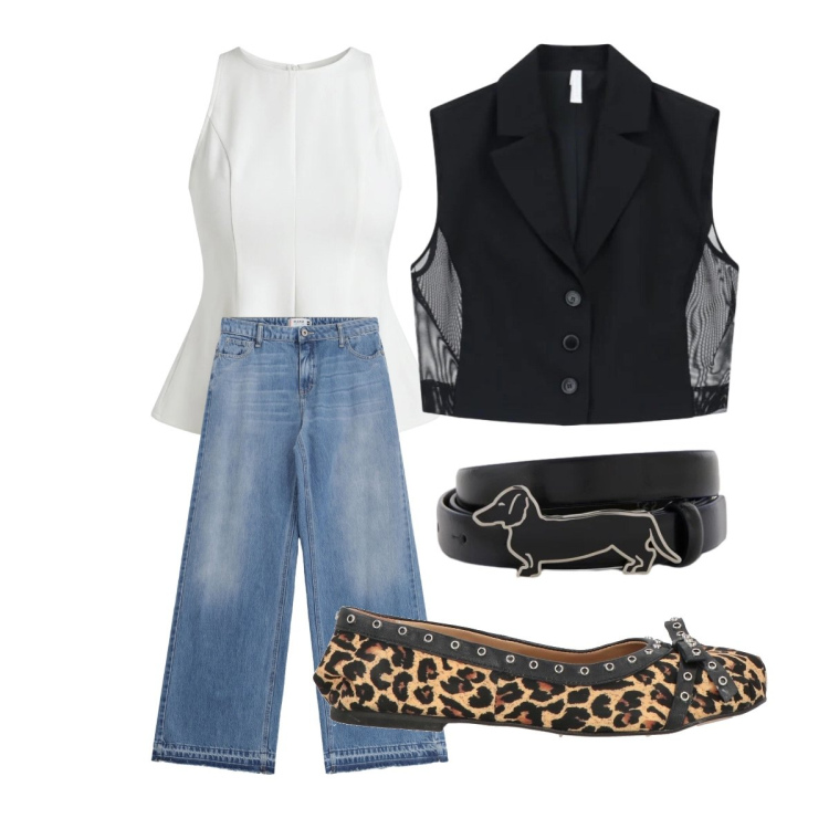 Outfit donna - Primavera aprile. Stile Urban per Tutti i giorni. Abbinamento con ballerine, gilet, canottiere, jeans, cinture.