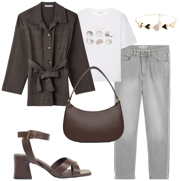 Outfit donna - City. Stile Casual chic per Tutti i giorni. Abbinamento con sandali col tacco, jeans skinny, cappotti, t-shirt, borse a tracolla, braccialetti.