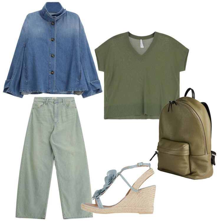Outfit donna - Verdeblu. Stile Casual chic per Tutti i giorni. Abbinamento con espadrillas, zaini, jeans, blazer, t-shirt.