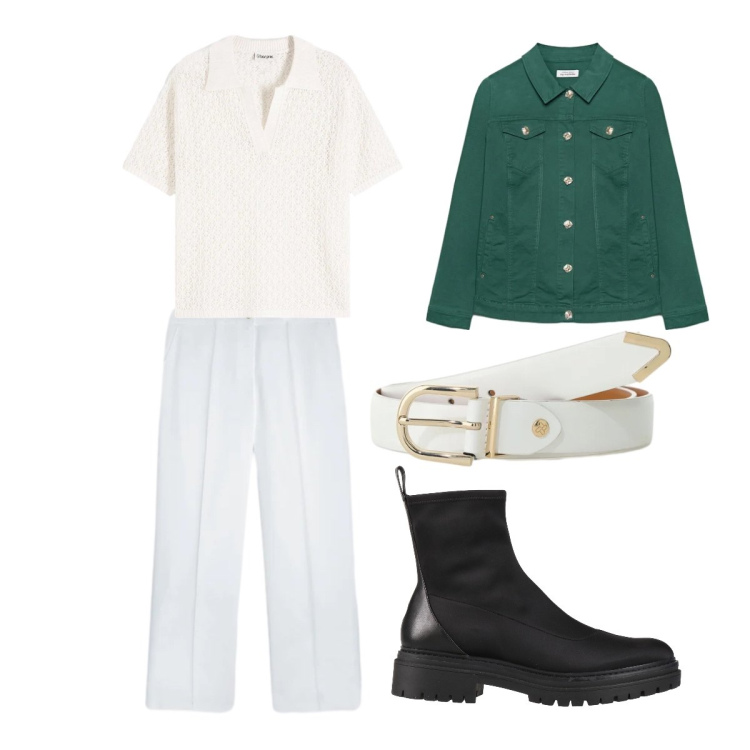 Outfit donna - Bianco luminoso. Stile Casual per Ufficio. Abbinamento con stivaletti, polo, cinture, pantaloni, blazer.