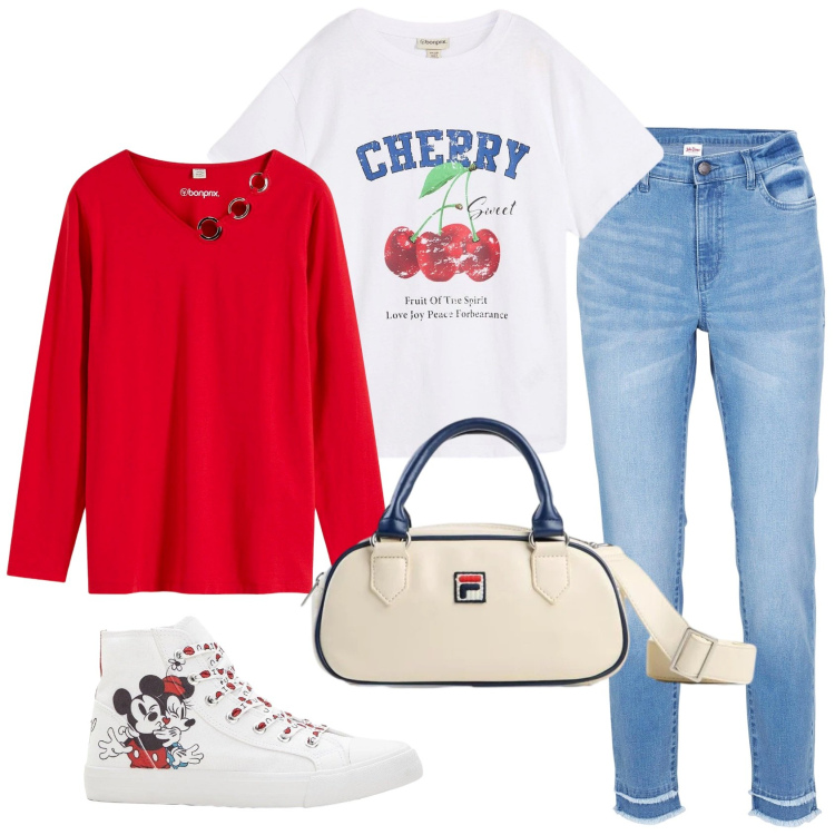 Outfit donna - Spring in denim. Stile Casual per Tutti i giorni. Abbinamento con borse a tracolla, jeans, maglieria, t-shirt, sneakers alte.