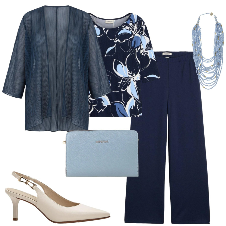Outfit donna - A cena. Stile Chic per Serata fuori. Abbinamento con pantaloni, bluse, décolleté, collane, borse a tracolla, blazer.