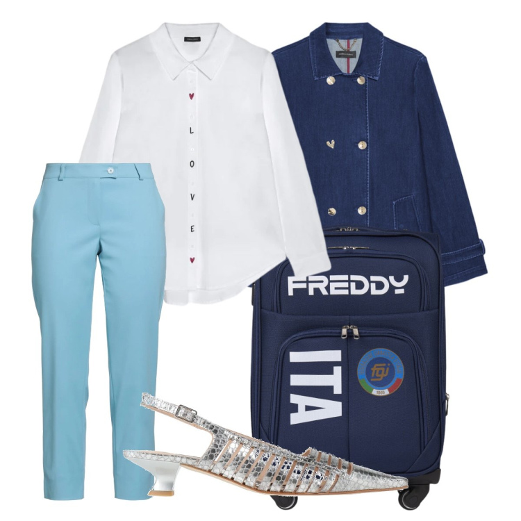 Outfit donna - Week end avvenimento sportivo - curvy. Stile Basic per Tutti i giorni. Abbinamento con pantaloni, décolleté, trench, camicie, valigie.
