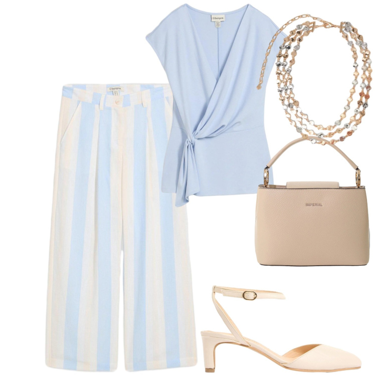 Outfit donna - City. Stile Casual chic per Tutti i giorni. Abbinamento con décolleté, pantaloni a palazzo, canottiere, borse a secchiello, collane.