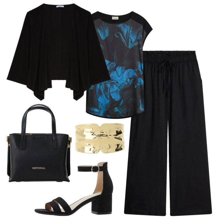 Outfit donna - Passeggiata serale. Stile Chic per Serata fuori. Abbinamento con bluse, pantaloni a palazzo, sandali col tacco, blazer, borse a tracolla, braccialetti.