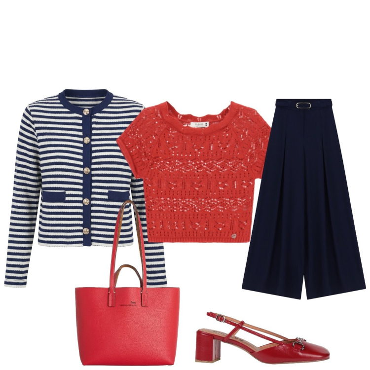 Outfit donna - Per le vie del centro. Stile Chic per Tutti i giorni. Abbinamento con décolleté, pantaloni a palazzo, cardigans, top, shopping bag.