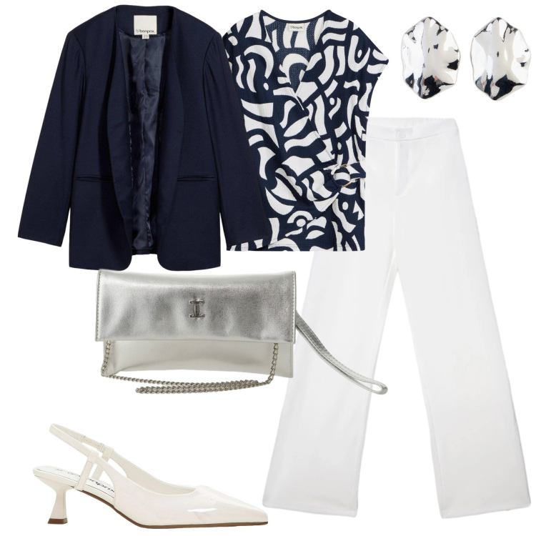 Outfit donna - City. Stile Urban per Tutti i giorni. Abbinamento con bluse, décolleté, blazer, orecchini, pantaloni, borse a tracolla.
