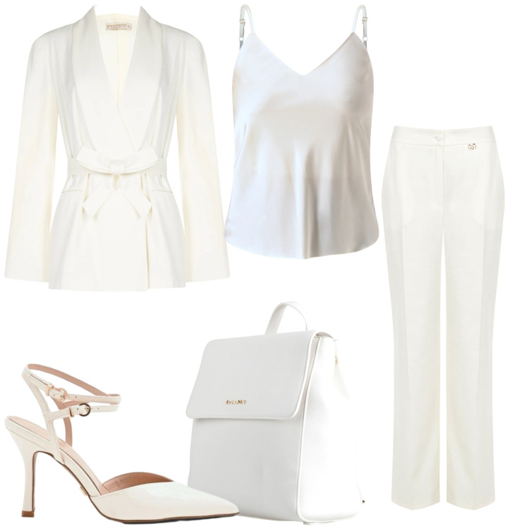 Outfit donna - Totale in bianco cerimonia. Stile Glamour per Cerimonia. Abbinamento con zaini, blazer, pantaloni a palazzo, top, décolleté.