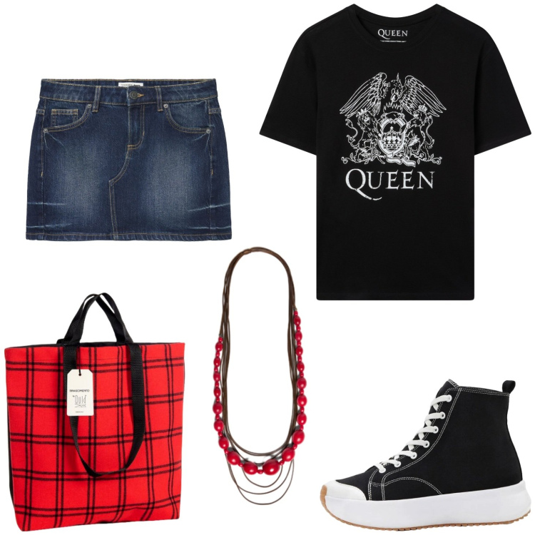 Outfit donna - C\'est la vie. Stile Rock per Scuola/Università. Abbinamento con sneakers, minigonne, t-shirt, collane, borse tote.