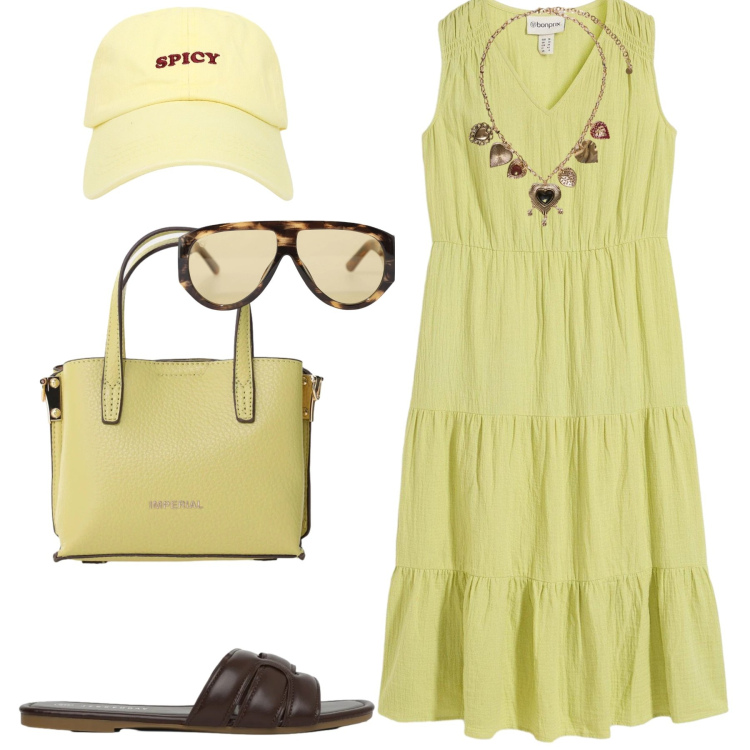 Outfit donna - Yellow. Stile Casual chic per Tutti i giorni. Abbinamento con vestiti, cappelli con visiera, ciabatte, occhiali da sole, borse a tracolla, collane.