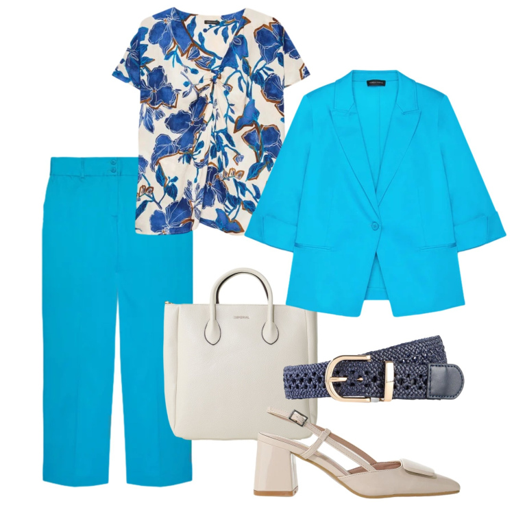 Outfit donna - Primavera elegante. Stile Glamour per Tutti i giorni. Abbinamento con cinture, borse a tracolla, décolleté, pantaloni, blazer, bluse.