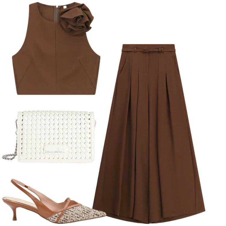 Outfit donna - Imperial. Stile Trendy per Tutti i giorni. Abbinamento con top, pantaloni a palazzo, décolleté, borse a tracolla.