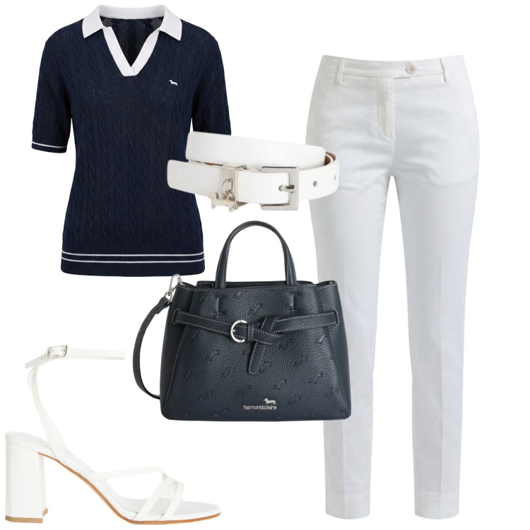 Outfit donna - City. Stile Casual chic per Tutti i giorni. Abbinamento con borse a mano, sandali in pelle, cinture, polo, pantaloni.