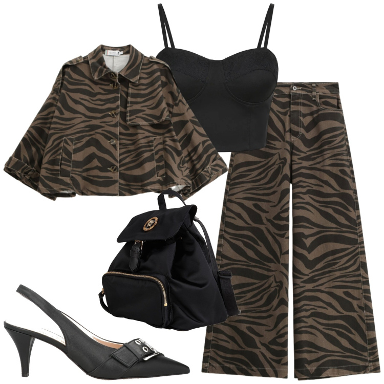 Outfit donna - City. Stile Trendy per Tutti i giorni. Abbinamento con zaini, décolleté, pantaloni a palazzo, blazer, top.