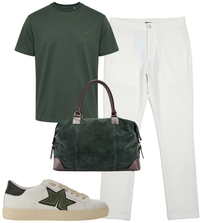 Outfit uomo - City. Stile Urban per Tutti i giorni. Abbinamento con sneakers, t-shirt, pantaloni, borse sportive.