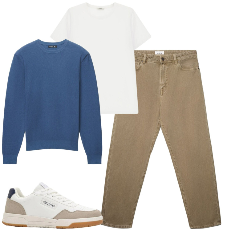 Outfit uomo - Aprile. Stile Urban per Tutti i giorni. Abbinamento con sneakers, jeans, maglieria, t-shirt.