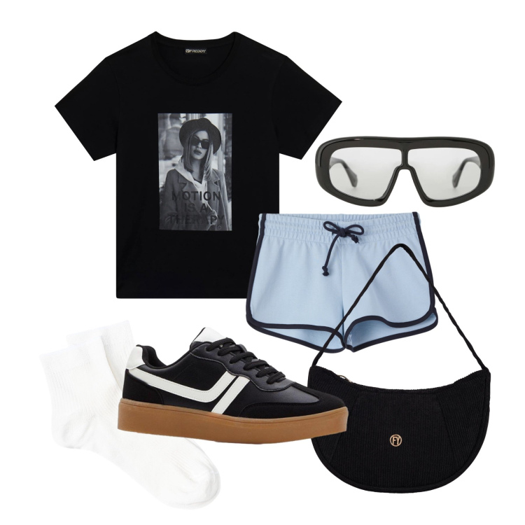 Outfit donna - Aprile. Stile Urban per Tutti i giorni. Abbinamento con sneakers, shorts, occhiali da sole, borse a mano, t-shirt, calzini.