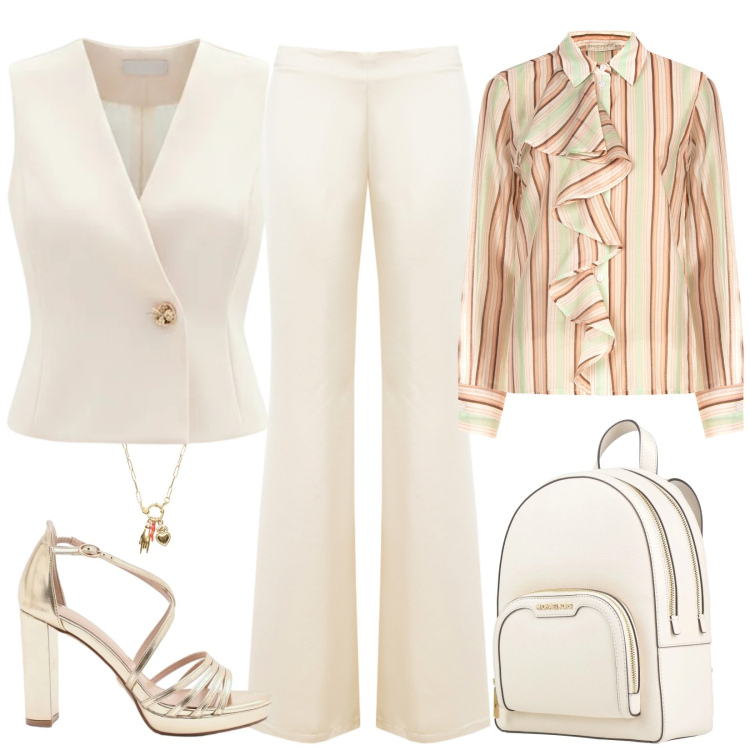 Outfit donna - Cerimonia a righe. Stile Romantica per Cerimonia. Abbinamento con zaini, pantaloni a palazzo, sandali col tacco, camicie, gilet, ciondoli.