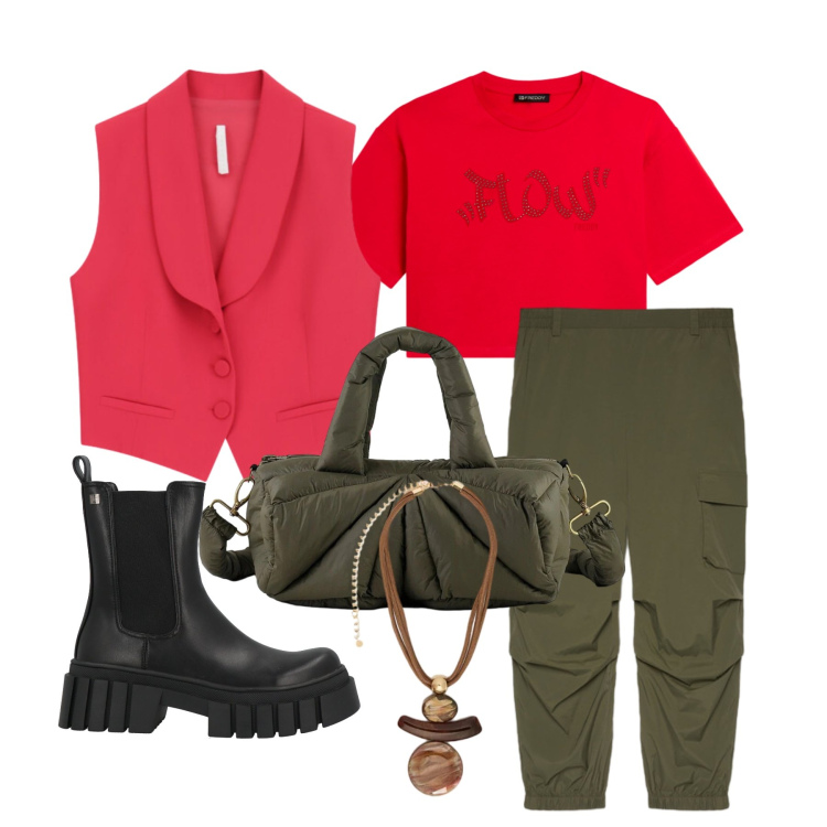 Outfit donna - Aprile. Stile Military per Tutti i giorni. Abbinamento con stivaletti, gilet, pantaloni cargo, ciondoli, t-shirt, borse a mano.