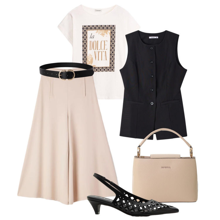 Outfit donna - Pantagonna relaxed glam. Stile Casual chic per Tutti i giorni. Abbinamento con t-shirt, décolleté, pantaloni, cinture, gilet, borse a secchiello.