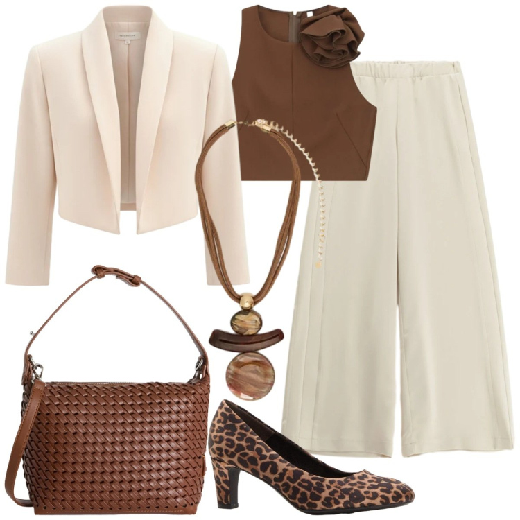 Outfit donna - Cerimonia a aprile. Stile Glamour per Tutti i giorni. Abbinamento con décolleté, top, pantaloni a palazzo, ciondoli, bolero, borse a spalla.