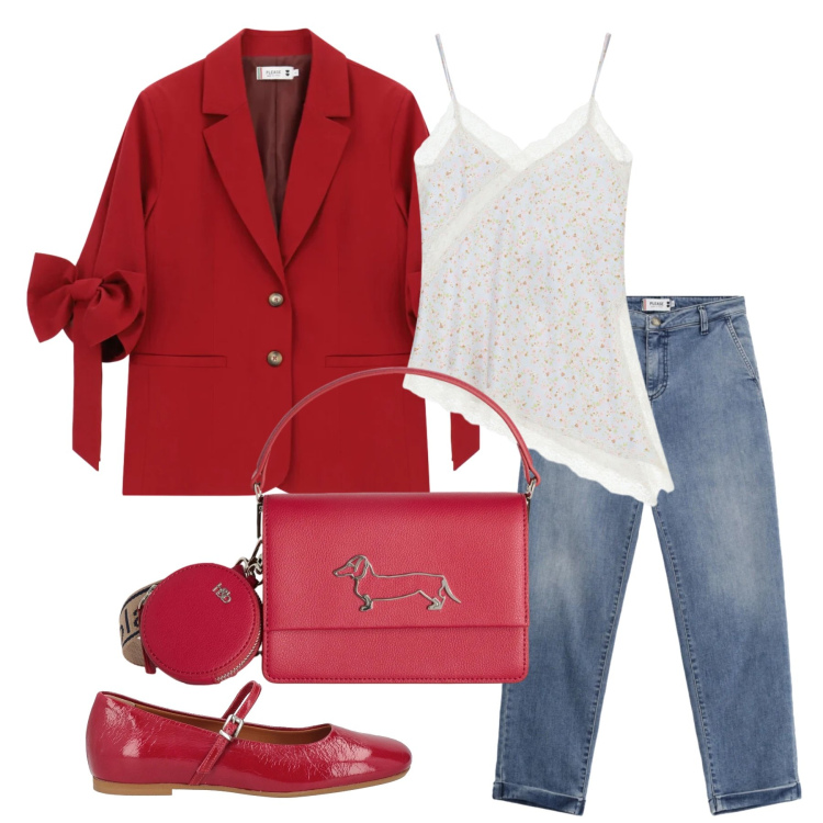 Outfit donna - Aprile. Stile Romantica per Tutti i giorni. Abbinamento con ballerine, top, blazer, jeans, borse a tracolla.