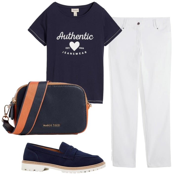 Outfit donna - Total look #2385744. Stile Casual per Tutti i giorni. Abbinamento con t-shirt, mocassini, pantaloni, borse a tracolla.