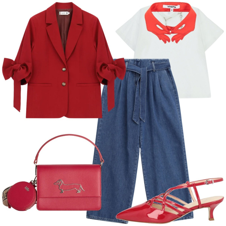 Outfit donna - Eleganza comfort. Stile Casual chic per Tutti i giorni. Abbinamento con sciarpe, décolleté, t-shirt, blazer, jeans, borse a tracolla.