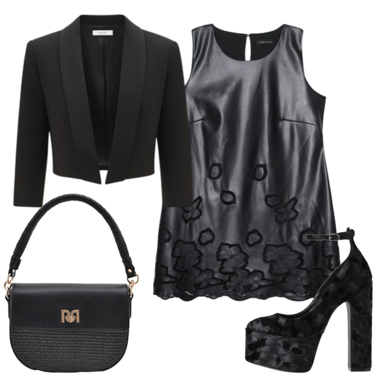 Outfit donna - Serata tranquilla. Stile Glamour per Tutti i giorni. Abbinamento con décolleté, vestiti corti, bolero, borse a spalla.