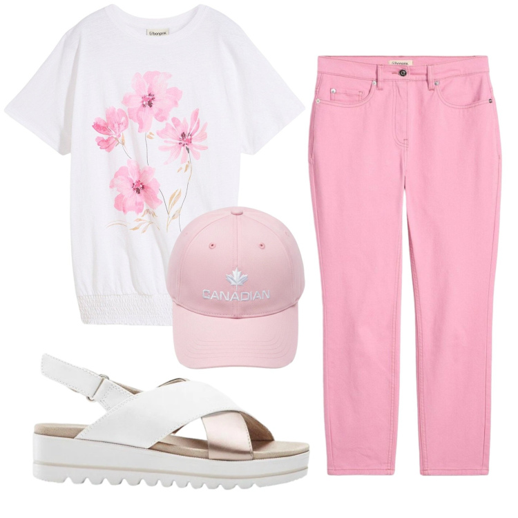 Outfit donna - Total look #2385750. Stile Romantica per Tutti i giorni. Abbinamento con pantaloni, t-shirt, sandali, berretti.