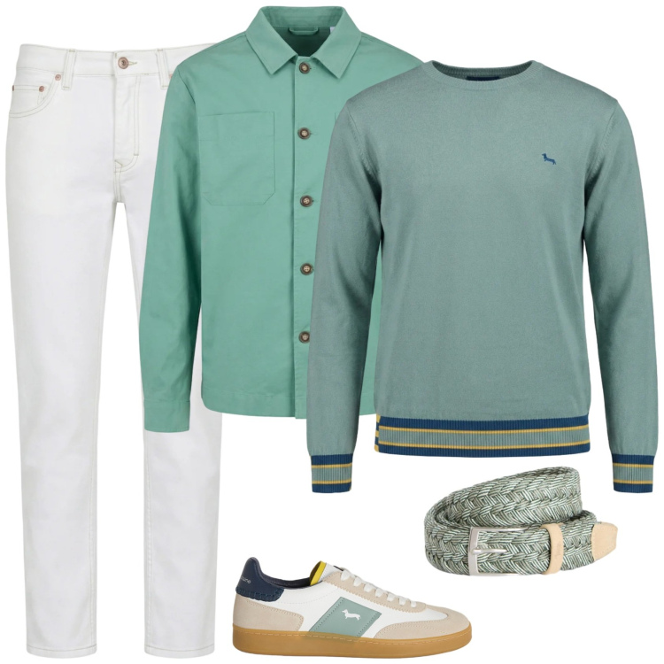Outfit uomo - Verde menta. Stile Trendy per Tutti i giorni. Abbinamento con jeans, pullovers, jeans, cinture, sneakers.