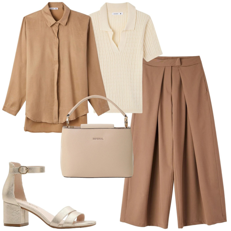 Outfit donna - Total look #2385752. Stile Urban per Tutti i giorni. Abbinamento con sandali col tacco, camicie, pantaloni, polo, borse a secchiello.