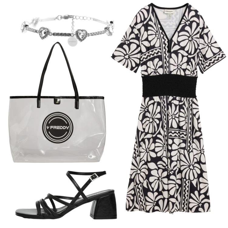 Outfit donna - Total look #2385753. Stile Basic per Ufficio. Abbinamento con vestiti midi/longuette, sandali col tacco, shopping bag, braccialetti.