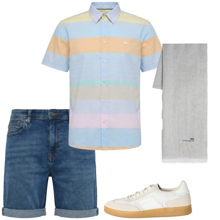 Outfit uomo - Multicolore. Stile Casual per Tutti i giorni. Abbinamento con sneakers, camicie a manica corta, sciarpe, bermuda.