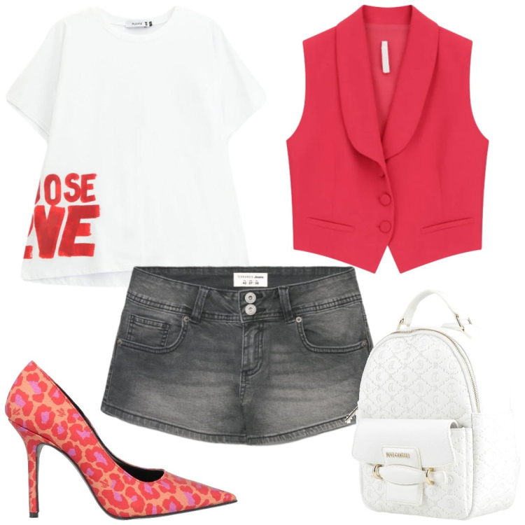 Outfit donna - Sporty chic. Stile Sporty chic per Tutti i giorni. Abbinamento con décolleté, zaini, shorts, t-shirt, gilet.
