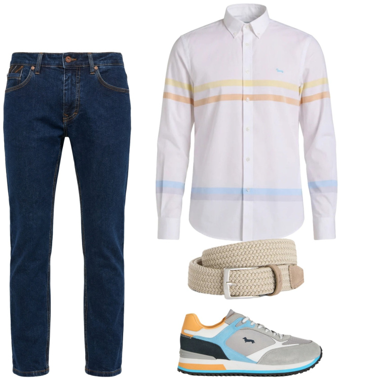 Outfit uomo - A righe tenui. Stile Casual per Ufficio. Abbinamento con sneakers, cinture, pantaloni, camicie.