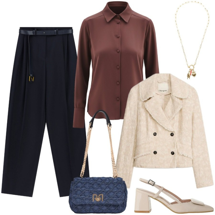 Outfit donna - Cerimonia informale. Stile Chic per Cerimonia. Abbinamento con blazer, décolleté, pantaloni a palazzo, borse a spalla, camicie, ciondoli.