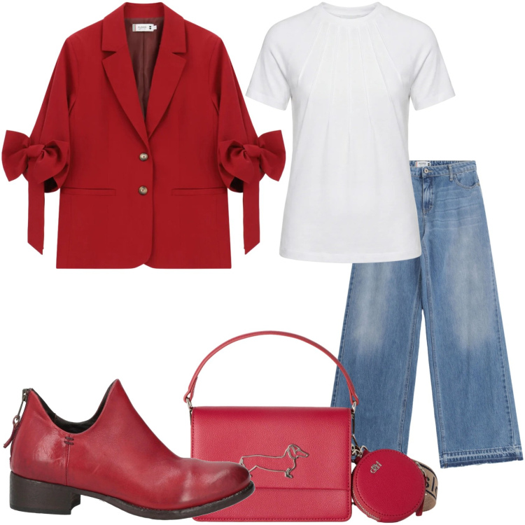 Outfit donna - Prima uscita. Stile Casual chic per Tutti i giorni. Abbinamento con stivaletti, blazer, jeans, t-shirt, borse a tracolla.