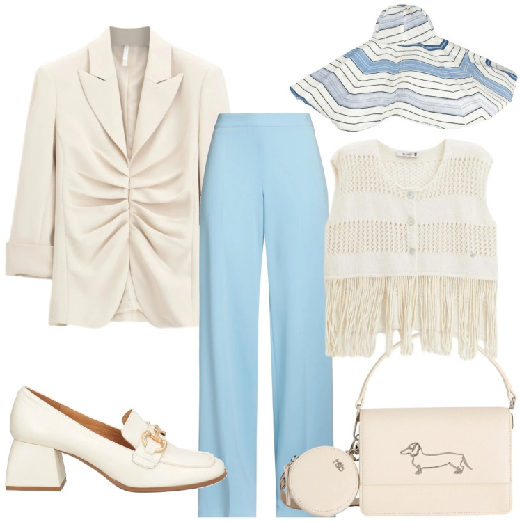 Outfit donna - Aprile dolce dormire. Stile Casual chic per Tutti i giorni. Abbinamento con pantaloni, mocassini, cappelli, blazer, top, borse a tracolla.