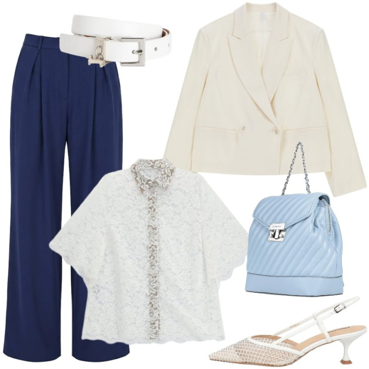 Outfit donna - Total look #2385765. Stile Chic per Cerimonia. Abbinamento con zaini, décolleté, blazer, camicie a manica corta, pantaloni a palazzo, cinture.