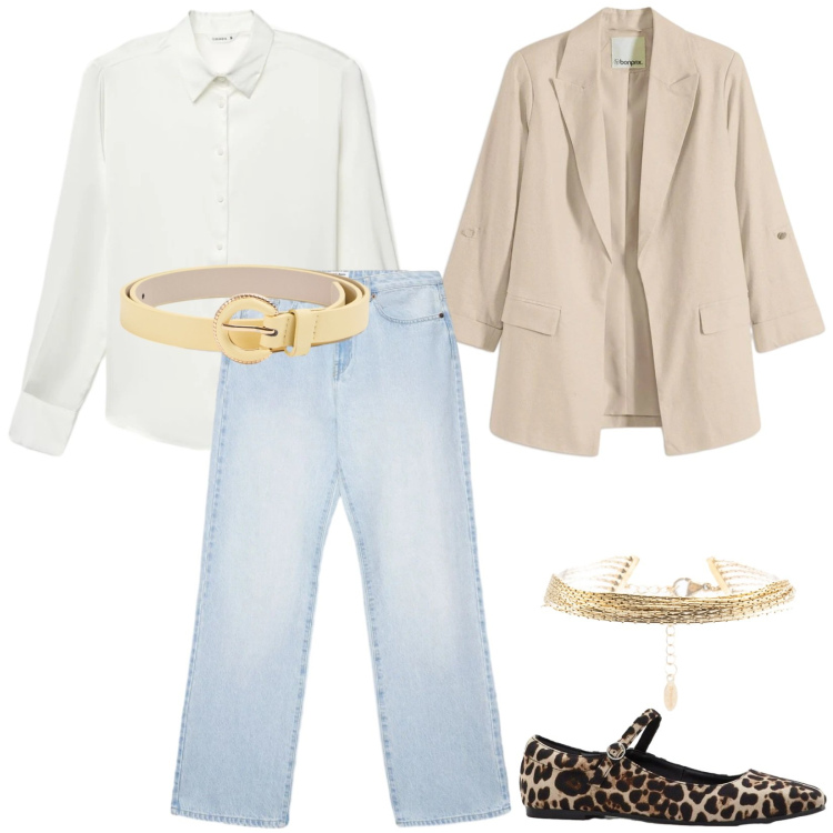 Outfit donna - Total look #2385769. Stile Casual per Tutti i giorni. Abbinamento con ballerine, blazer, jeans dritti, camicie, cinture, braccialetti.