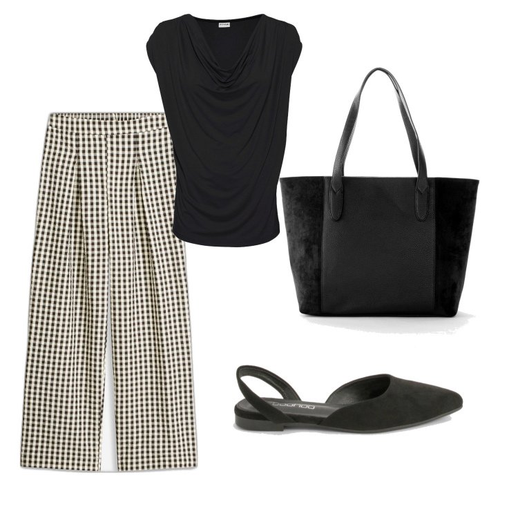 Outfit femme - Vichy. Style Bon Ton pour Bureau. Assortir avec t-shirts, pantalon large en bas, sac cabas, ballerines.