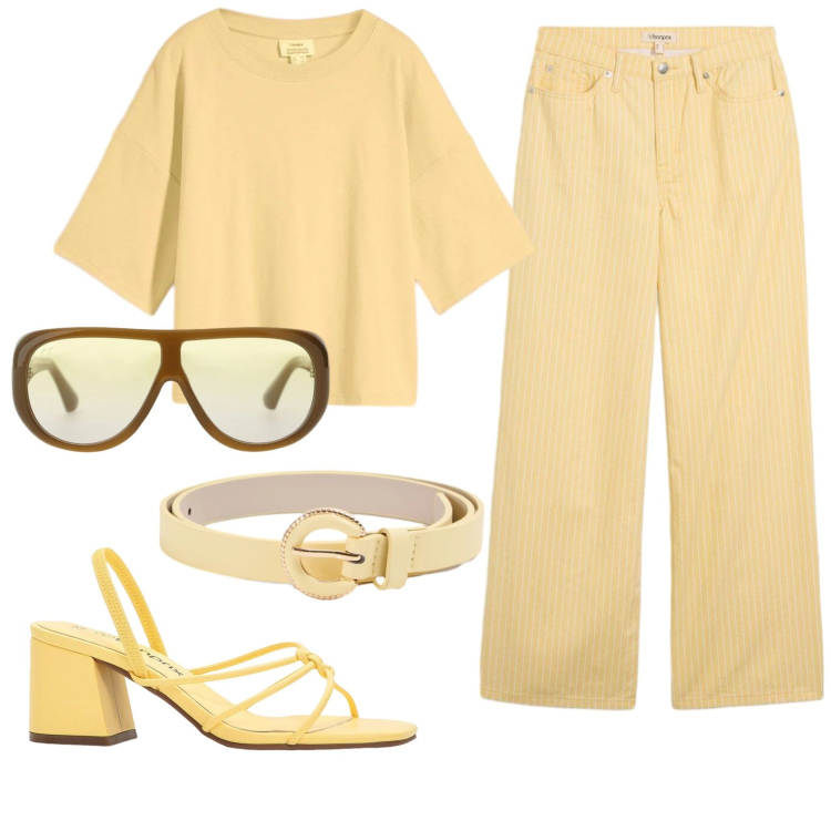 Outfit donna - Total look #2385771. Stile Basic per Tutti i giorni. Abbinamento con sandali col tacco, pantaloni, t-shirt, cinture, occhiali da sole.