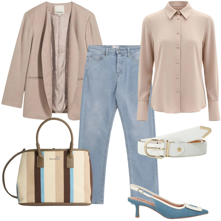 Outfit donna - Total look #2385772. Stile Casual per Ufficio. Abbinamento con décolleté, blazer, cinture, camicie, jeans, shopping bag.