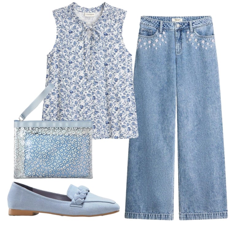 Outfit donna - Total look #2385778. Stile Romantica per Tutti i giorni. Abbinamento con jeans, canottiere, mocassini, pochette.
